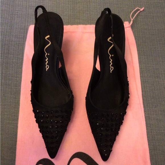 Nina Black Satin Sling Back Heels, Special Occasion, Size 7-1/2 Med - Picture 9 of 11